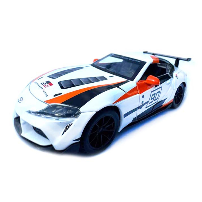 Машинка Toyota GR Supra GT4 Concept біло-оранджева Тойота 1:32 світло звук інерція відч двері баг капот 15*7*4,5см (21423)