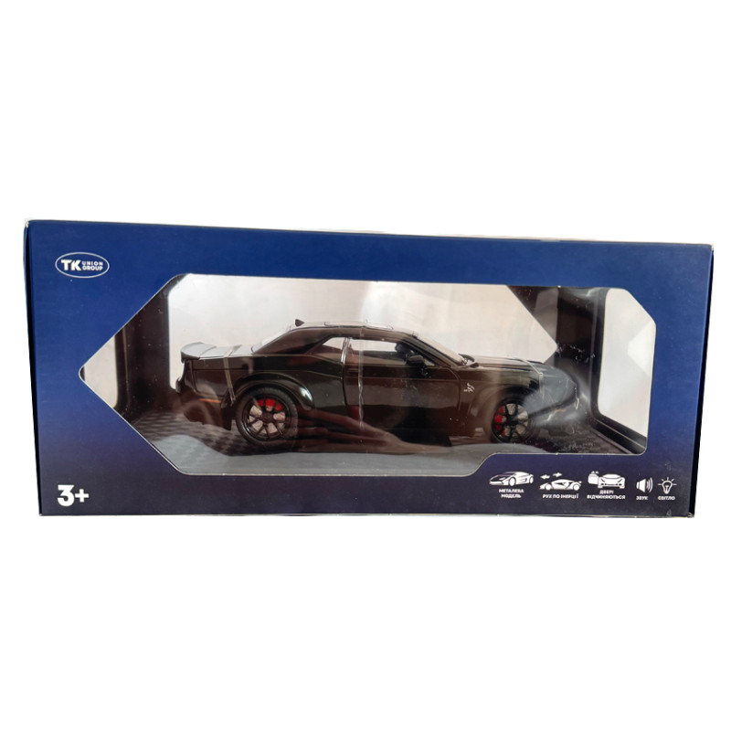 Машинка металева Dodge Challenger SRT Додж чорна 1:24 звук світло відкр двері баг капот 20*7*5,5см (GT-12099)