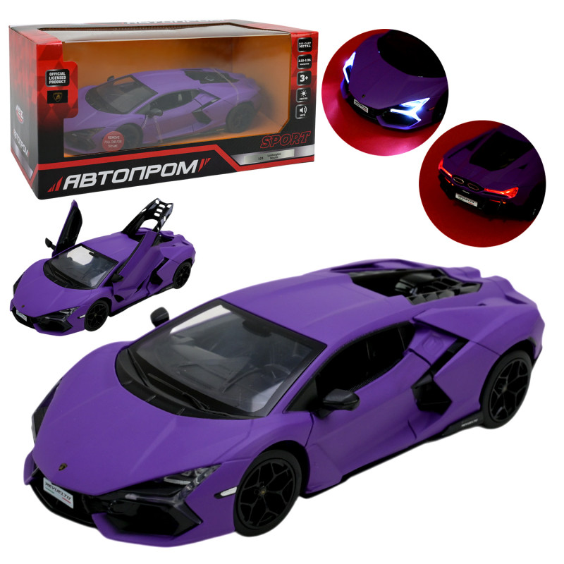 Машинка металлическая Lamborghini Revuelto Автопром фиолетовая 1:24 свет звук откр двери 20*8*5 см (68200A(P))