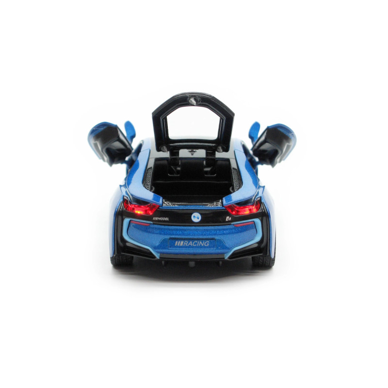 Іграшкова машинка металева BMW i8 купе, БМВ, синя, звук, світло, інерція, откр двері, багажник, капот, Автоексперт, 1:32, 16,5*6,5*4,0 см (11787)