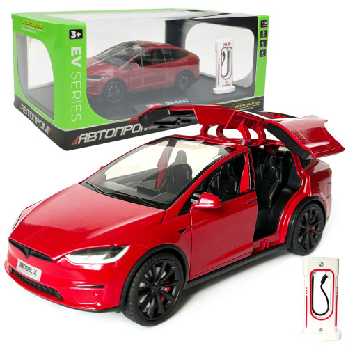 Машинка металева Tesla Model X Electrocar Тесла Модель X Електрокар червона 1:24 зарядна станція звук світло відч двері капот багажник гум колеса 18*6*8см (AP7712)