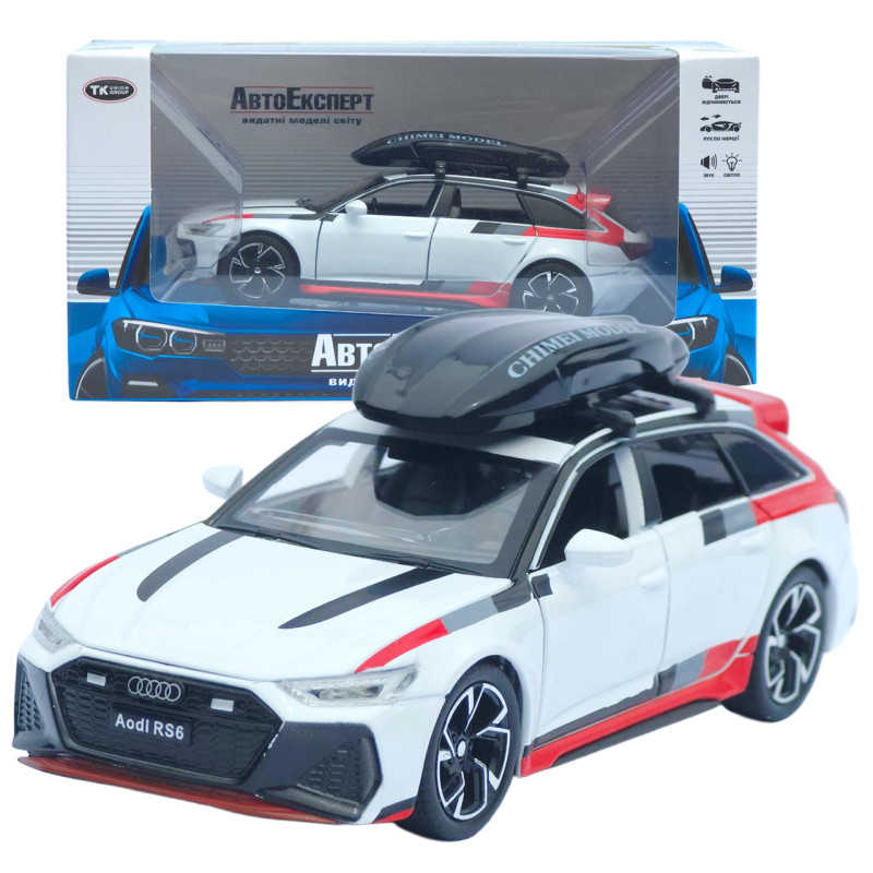 Машинка метал Audi RS6 Avant з багажником на даху АвтоЕксперт біла 1:32 світло звук інерція (ТК-4688)