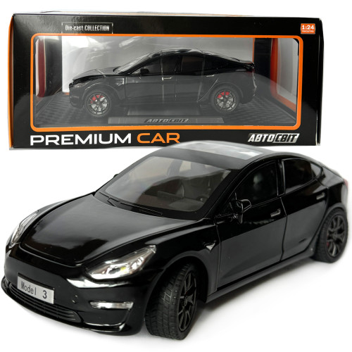 Машинка металева Tesla Model 3 Тесла чорна 1:24 звук світло інерція відкр двері багажник капот гумові колеса 20,5*8*7см (AP-2064) 