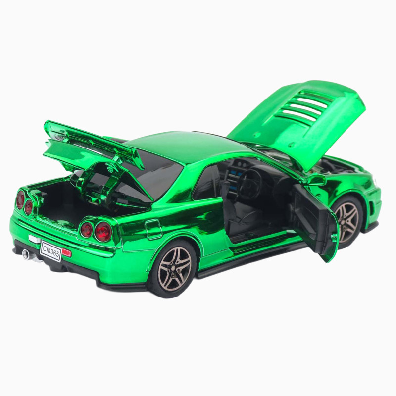 Машинка метал Nissan Skyline GT-R (R34) АвтоЕксперт зелена хром 1:32 звук світло інерція (ТК-9360)