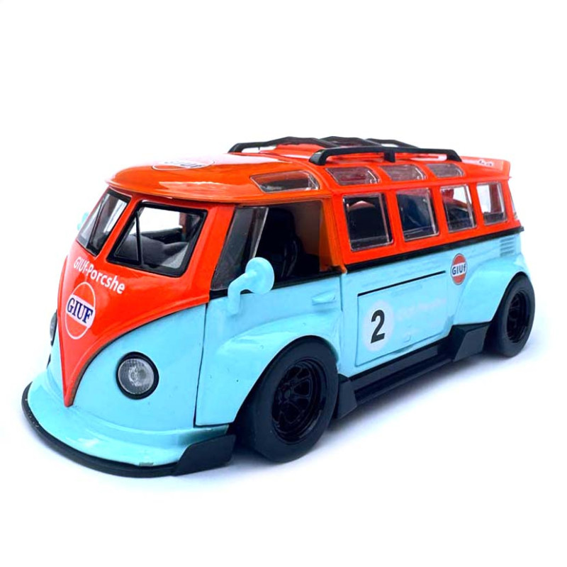 Машинка метал Volkswagen Type 2 VW кемпінг Bus червоно-голуба Фольксваген 1:32 відкр двері баг звук світло 14,5*6,6*5,5см (TK-51146)
