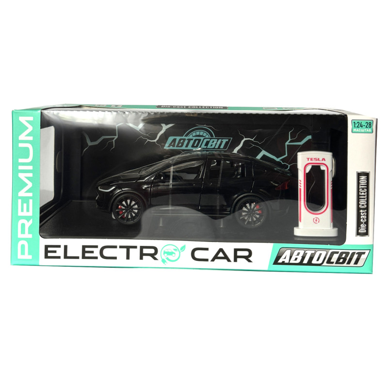 Машинка металева Tesla Model X Electrocar Тесла Модель X Електрокар чорна 1:24 зарядна станція звук світло відч двері капот багажник гум колеса 18*6*8см (AP-2004)