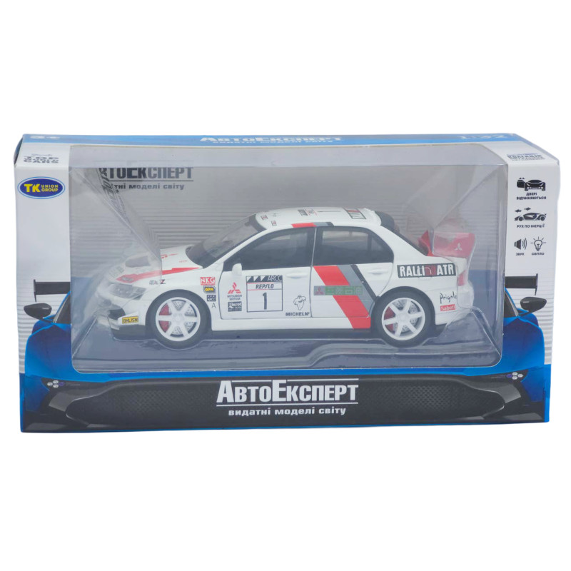 Машинка метал Mitsubishi Lancer Evolution IX біла 1:32 світло звук відч двері капот багаж (TK-13970)