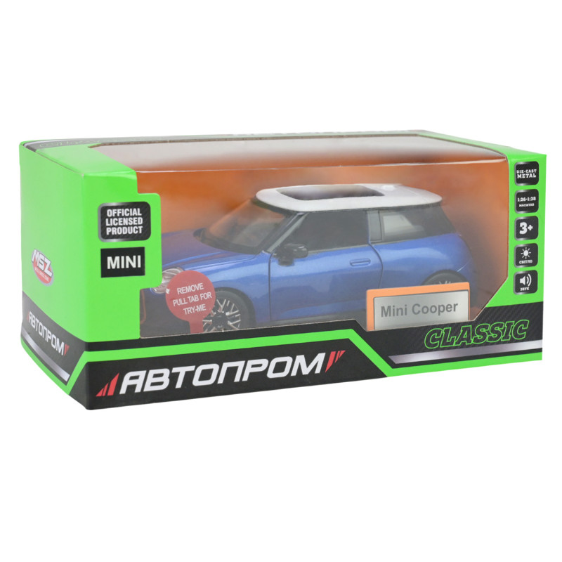 Машина металл Mini Cooper Міні Купер синяя 1:28 свет звук откр двери 14*6*5 см (68740B)