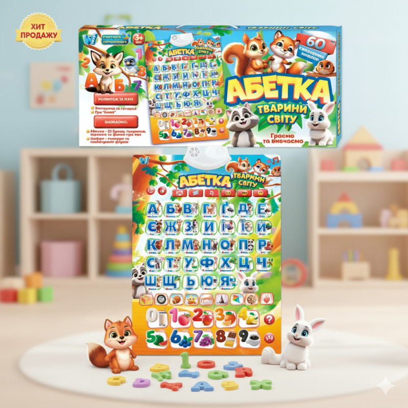 Плакат Абетка Тварини світу WToys укр мова вірші факти загадки вікторина цифри кольори (53617)