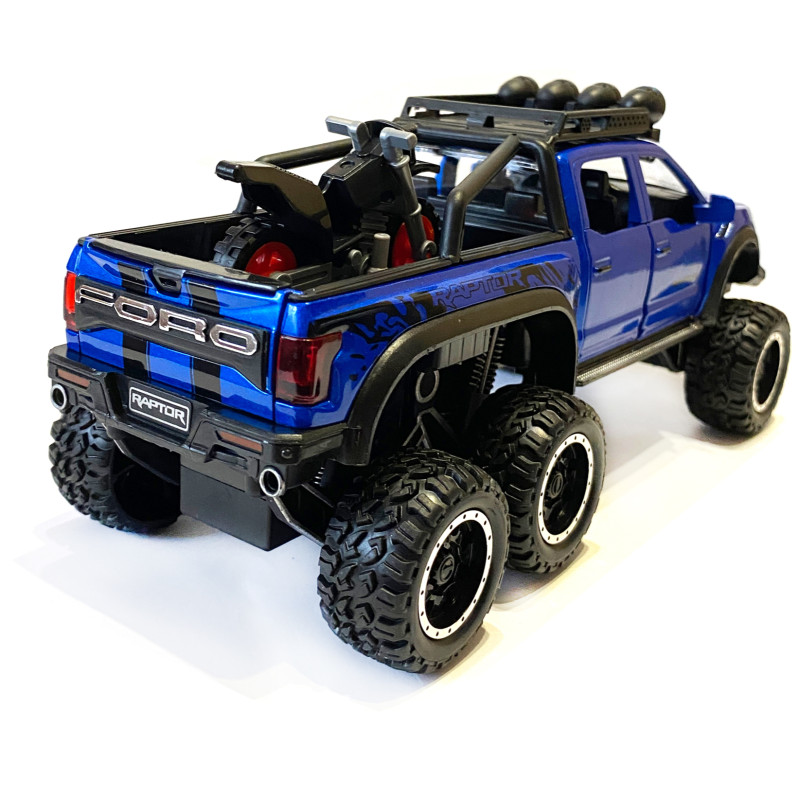Машинка металева дитяча Ford Raptor з мотоциклом позашляховик, синій, Автоексперт, 1:24, світло, інерція, відкриваються двері, багажник, капот, 21*9*9см (GT - 02291)