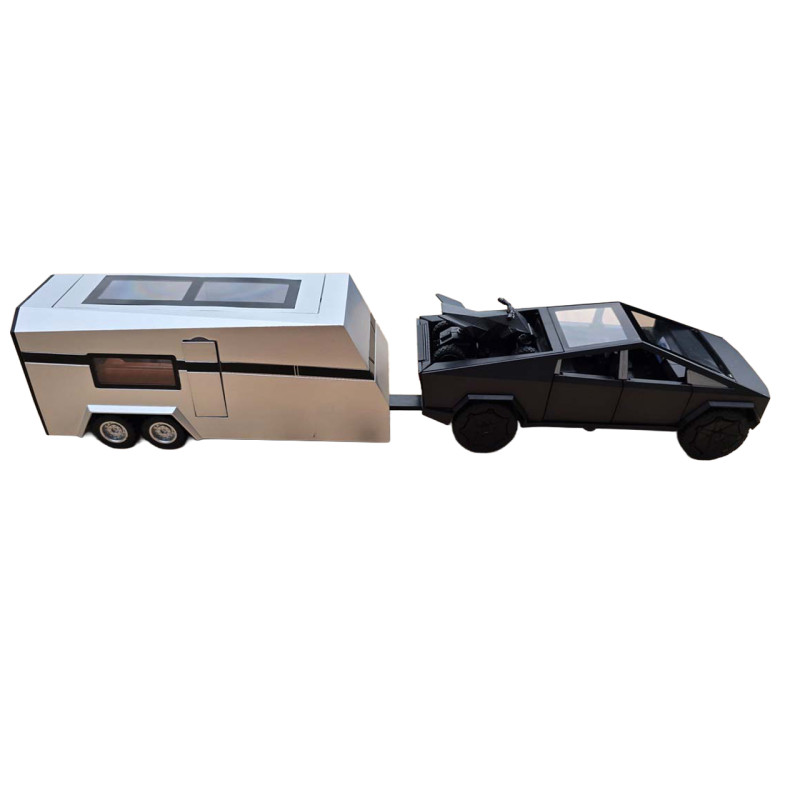 Машинка метал Tesla Cybertruck з прич-кемпером та квадр чорна Тесла 1:32 звук світло 17,5*6*6,5см (CZ 58 B)