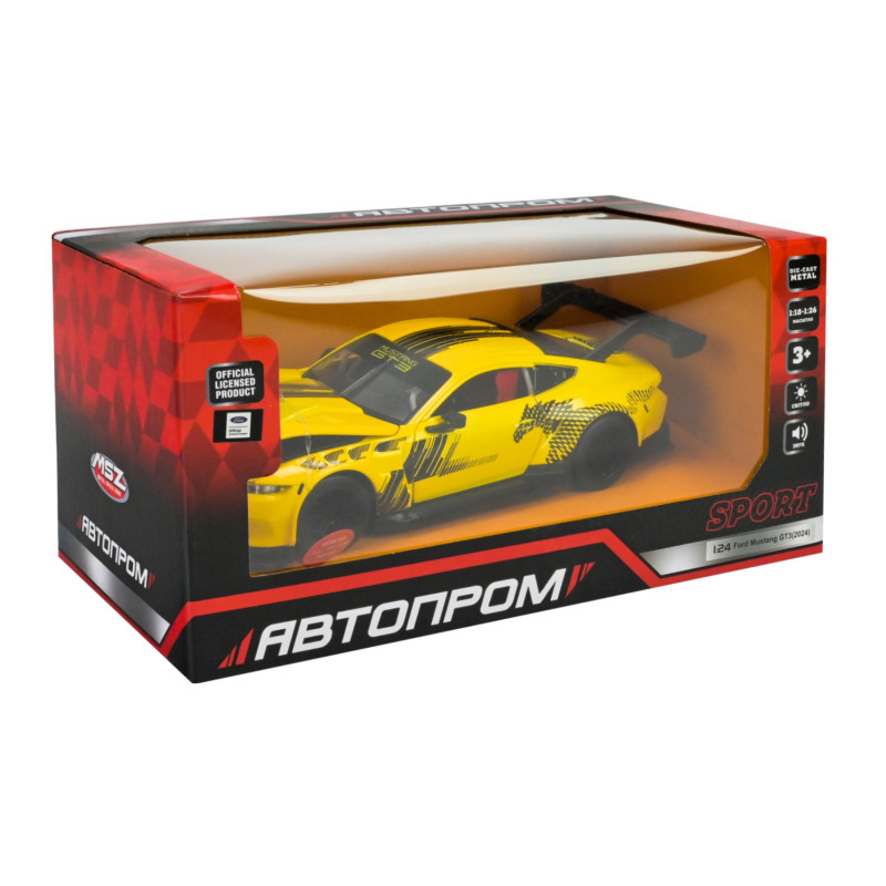 Машинка металева Ford Mustang GT3 жовта 1:24 відкриваються двері капот 20,5*8,5*5 см (661293A)