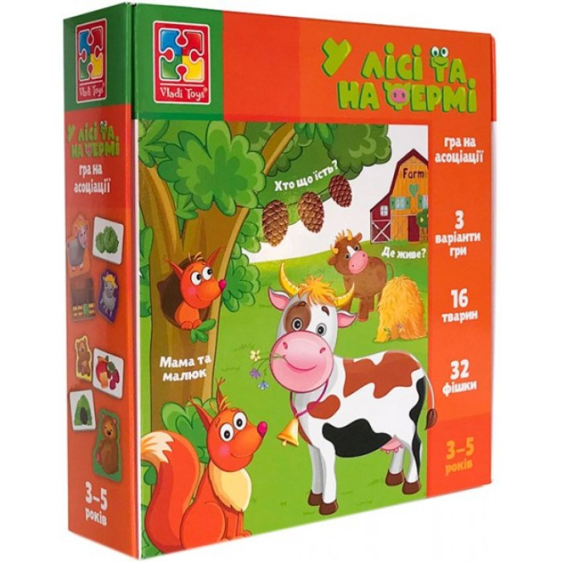 Настільна розвиваюча гра в асоціації "У лісі та на фермі" Vladi Toys, 32 картки, 2 фішки, укр (VT1804-46)