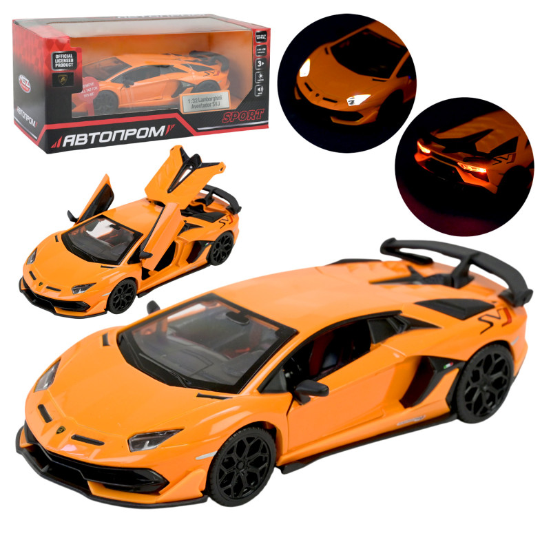Машинка металл Lamborghini Aventador SVJ Автопром оранжевая свет звук откр двери 15*6*3,5 см (68473)