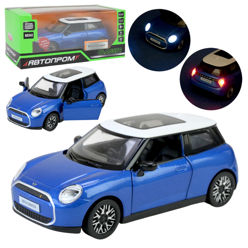 Машина металл Mini Cooper Міні Купер синяя 1:28 свет звук откр двери 14*6*5 см (68740B)