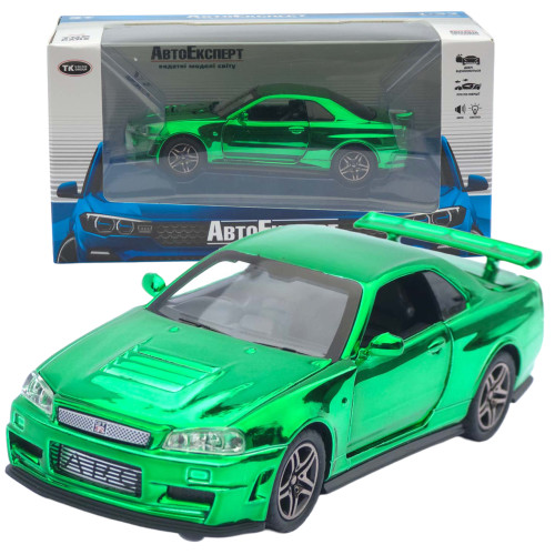 Машинка метал Nissan Skyline GT-R (R34) АвтоЕксперт зелена хром 1:32 звук світло інерція (ТК-9360)