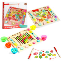 Игровой центр 4FUN Game Club Wood, магнитная рыбалка, сортер, мозаика, игра-шнуровка, шарики, дерево в кор. 34*5*33см. (30351)