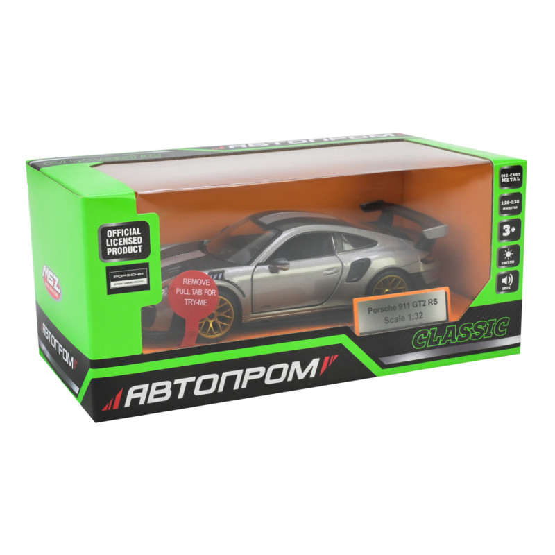 Машинка метал Porsche 911 GT2 RS сіра 1:32 світло звук відкр двері 14*6*3,5 см (68705)