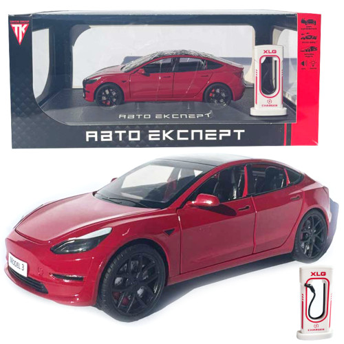 Машинка метал Tesla model 3 червона Тесла 1:24 відкр двері баг капот звук світло 18,5*6*8,5см (EL-94022)