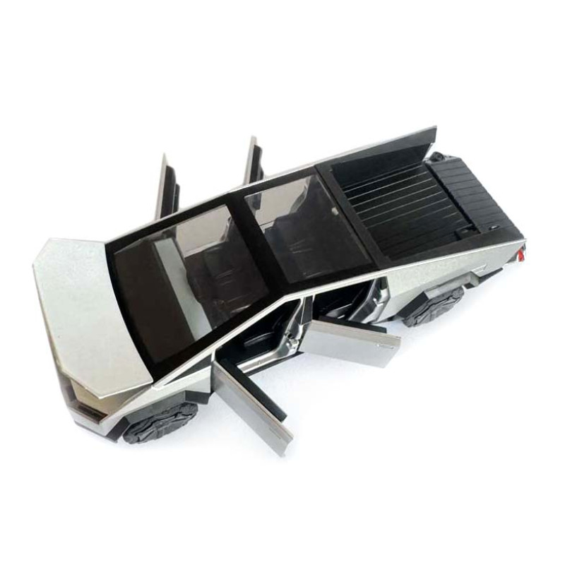Машинка металева Tesla Cybertruck з мотоциклом срібна Тесла Кібертрак 1:24 відкр двері багажник капот інерція звук світло 17,5*6,5*6,5 см (EL 86545)