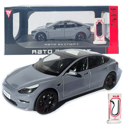 Машинка метал Tesla model 3 сіра Тесла 1:24 відкр двері баг капот звук світло 18,5*6*8,5см (EL-94022)