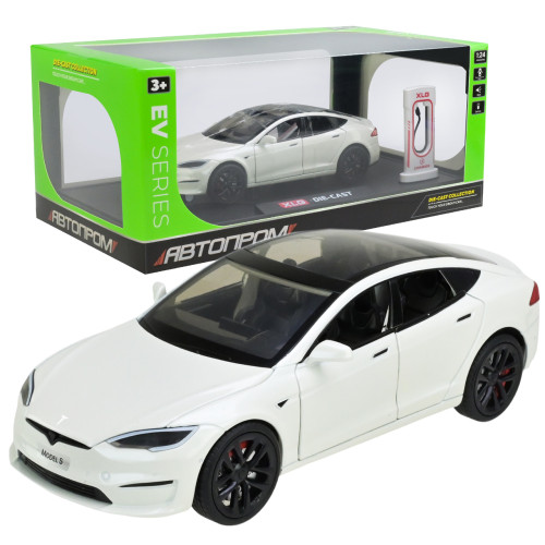 Машинка металева Tesla Model S Electrocar Тесла Модель S Електрокар біла 1:24 зарядна станція звук світло відч двері капот багажник гум колеса 18,5*7,2*5см (AP7713)
