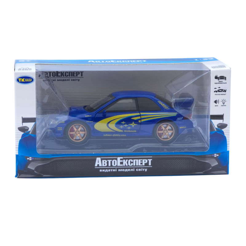 Машинка металл Subaru Impreza 22B STi (Субару Импреза) синяя 1:32 свет звук открыв двери капот багаж (TK-36180)