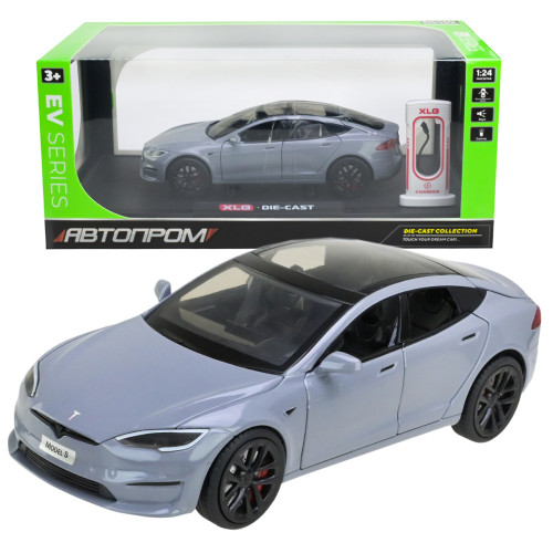 Машинка металева Tesla Model S Electrocar Тесла Модель S Електрокар сіра 1:24 зарядна станція звук світло відч двері капот багажник гум колеса 18,5*7,2*5см (AP7713)