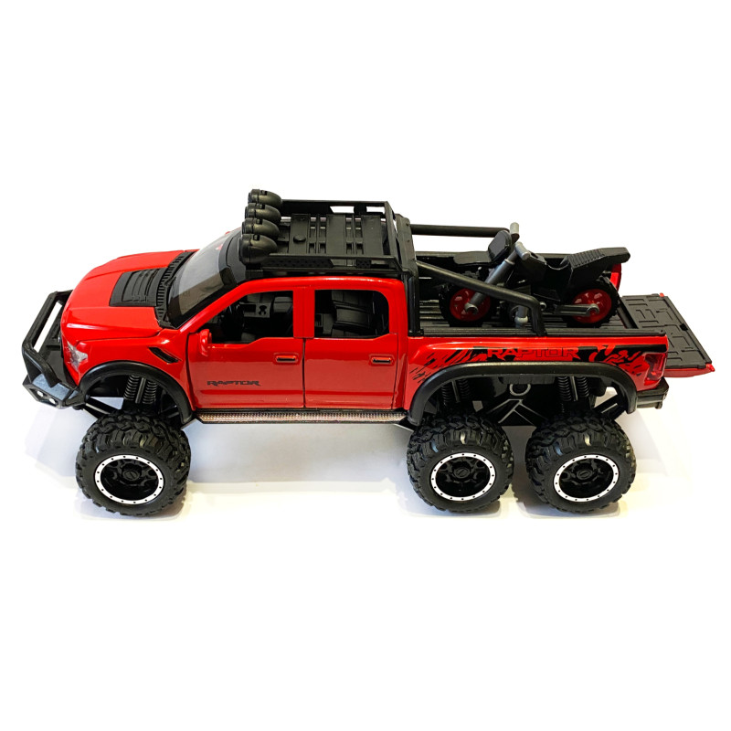 Машинка металева дитяча Ford Raptor з мотоциклом позашляховик, червоний, Автоексперт, 1:24, світло, інерція, відкриваються двері, багажник, капот, 21*9*9см (GT-02291/8762)