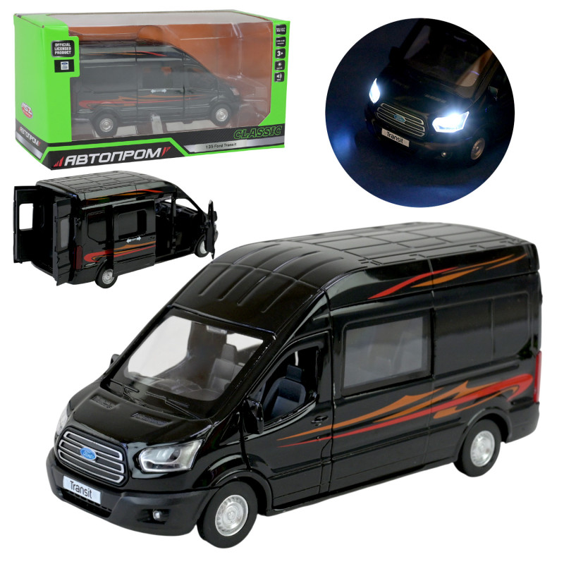 Автобус метал Ford Transit Форд Транзіт чорний 1:35 світло звук відкр двері 17*6*7,5 см (68453)