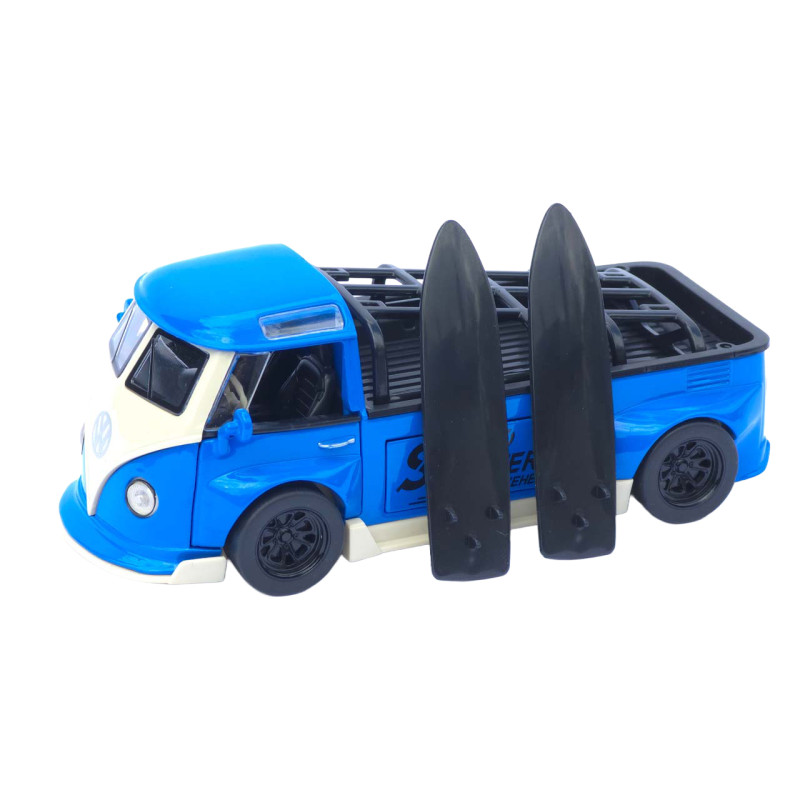Машинка металл Volkswagen Type 2 (T1) синяя 1:32 свет звук инерция откр двери 2 доски (TK-19102)