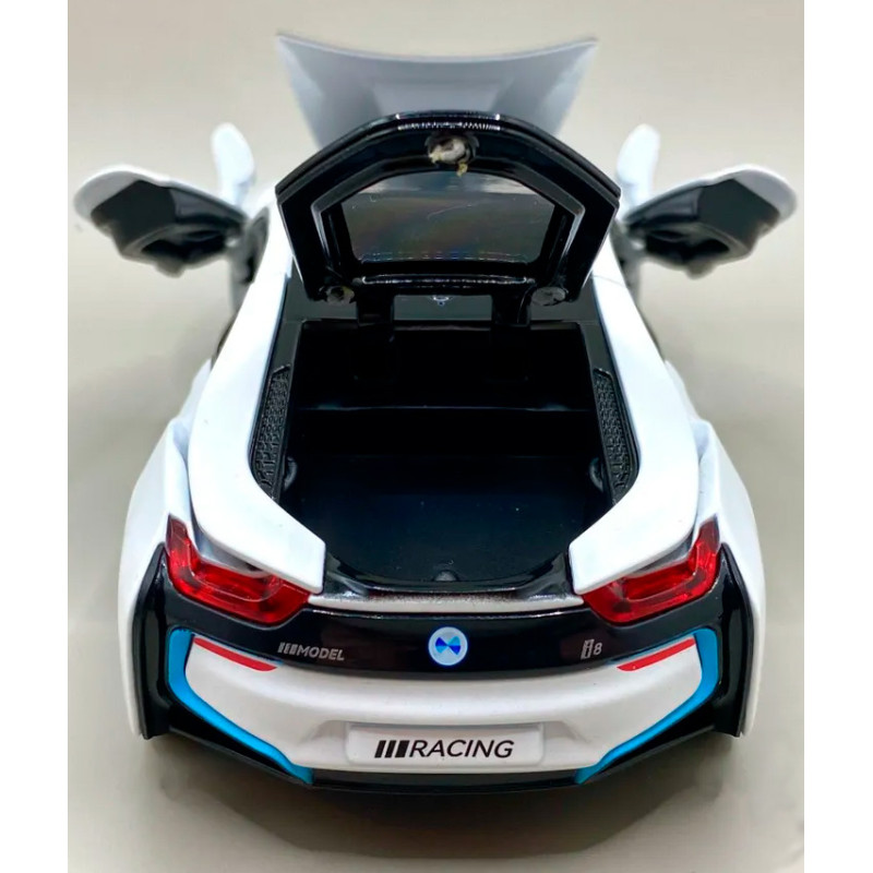 Іграшкова машинка металева BMW i8 купе, БМВ, біла, звук, світло, інерція, откр двері, багажник, капот, Автоексперт, 1:32, 16,5*6,5*4,0 см (11787)