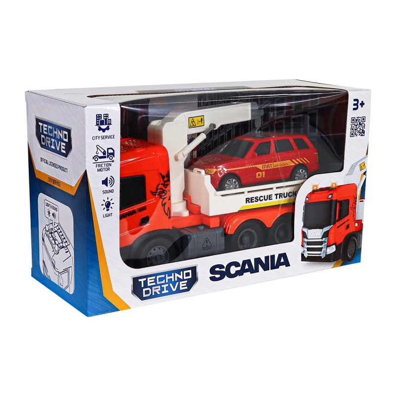 Евакуатор Scania з машинкою (світло, звук), Big Truck, TechnoDrive, 25х10х15см (6408KS)