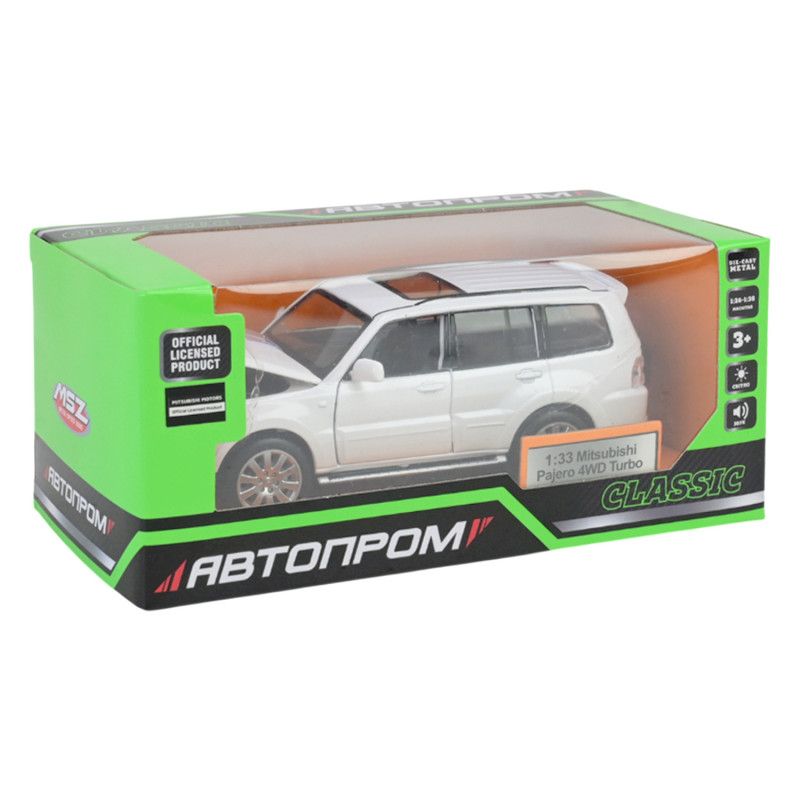 Машина метал Mitsubishi Pajero 4WD Turbo Мітсубісі біла 1:33 світло звук 14,5*5,5*5,5см (68463W)