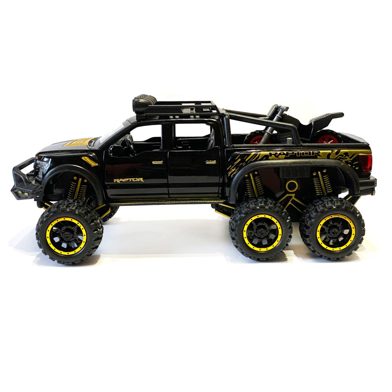 Машинка металева дитяча Ford Raptor з мотоциклом позашляховик, чорна, Автоексперт, 1:24, світло, інерція, відкриваються двері, багажник, капот, 21*9*9см (GT-02291/8762)