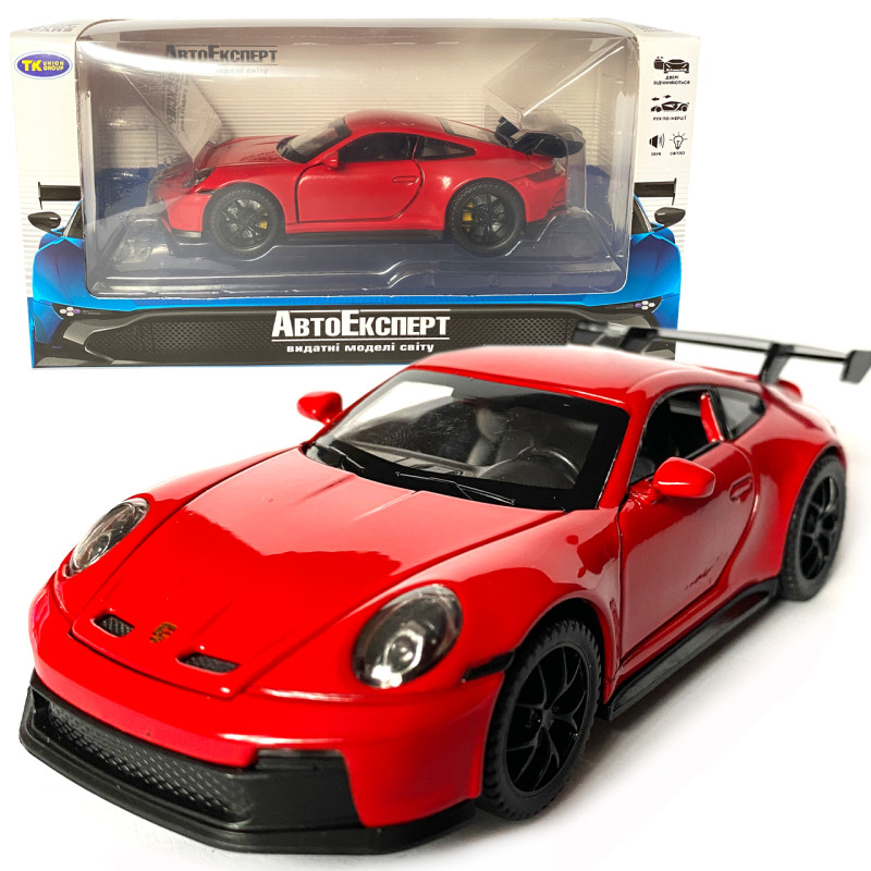 Іграшкова машинка металева Porsche 911 GT3, порше, червоний, звук, світло, інерція, откр двері, капот, Автоексперт, 1:32,15*7*4,5см (ТК-17610)