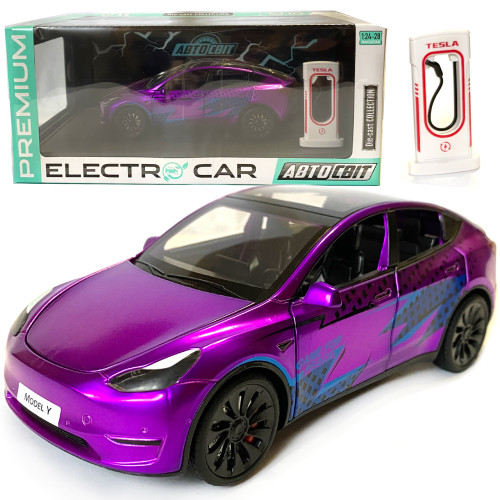 Машинка металева Tesla Model Y Electrocar Тесла Модель Y Електрокар фіолетова 1:24 зарядна станція звук світло відч двері капот багажник гум колеса 18*6*8см (AP-2002)