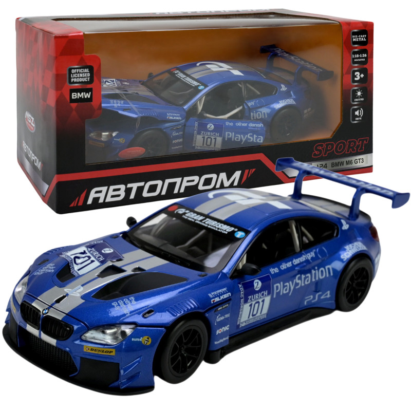 Машинка металева BMW M6 GT3 синя 1:24 світло звук відкр двері капот 20,5*8,5*5,5 см (68255B)