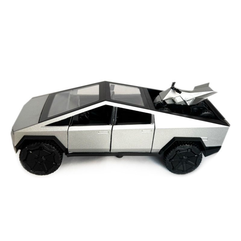 Машинка металева Tesla Cybertruck з мотоциклом срібна Тесла Кібертрак 1:32 відкр двері багажник капот інерція звук світло 17*6*6 см (GT-11822)