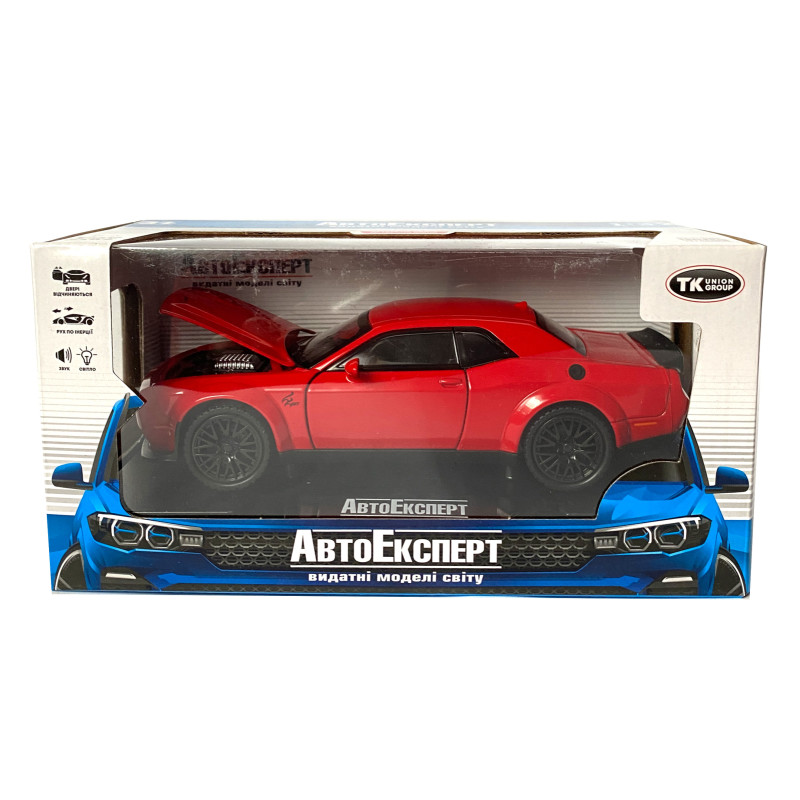 Іграшкова машинка металева Dodge Challenger SRT, Додж, червоний, звук, світло, інерція, відкр двері, багажник, капот, Автоексперт, 1:32,15*7*4,5см (50801)