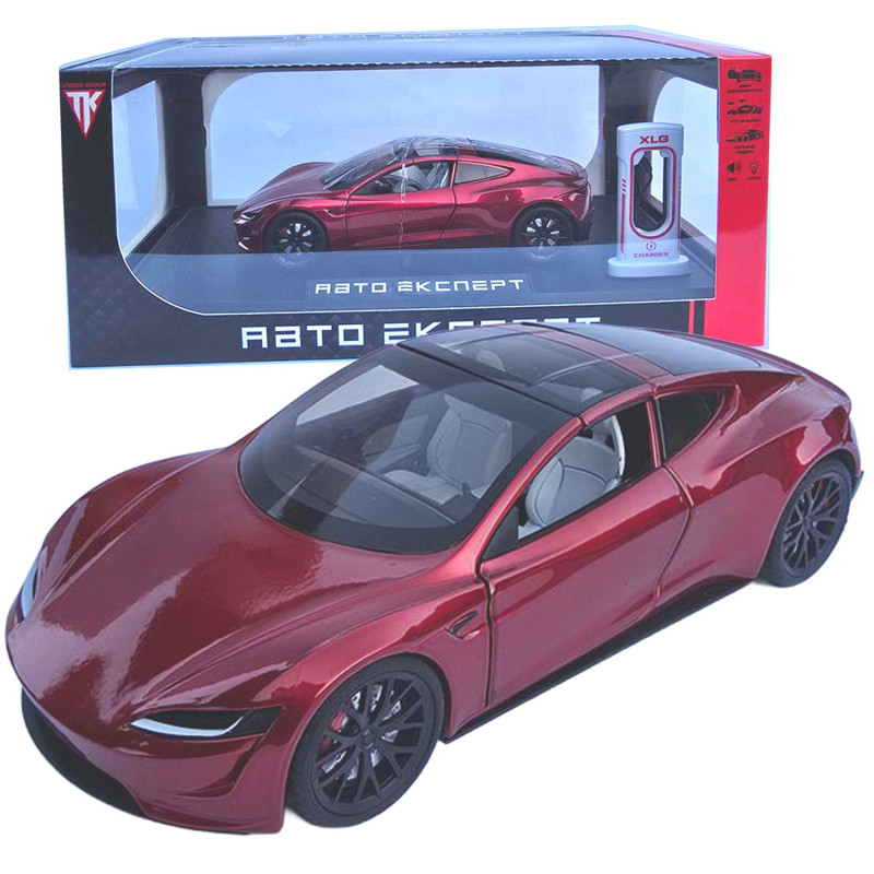 Машинка матал Tesla Roadster Тесла червона електро зарядка 1:24 звук світло 17*6,5*4,5см (RS-03612)