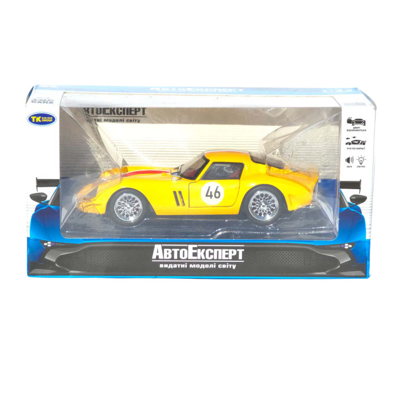 Машинка металл Ferrari 250 GTO желтая 1:32 свет звук инерция откр дверь капот багажник (TK-42580)