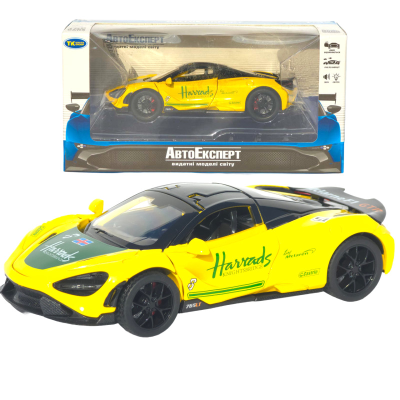 Машинка металл McLaren 765LT желтая 1:32 свет звук инерция открыв двери капот 14,5×7,5×4 см (TK-11921)