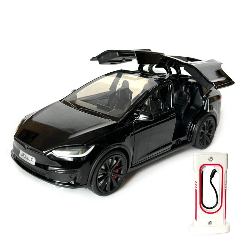 Машинка металева Tesla Model X Electrocar Тесла Модель X Електрокар чорна 1:24 зарядна станція звук світло відч двері капот багажник гум колеса 18*6*8см (AP-2004)