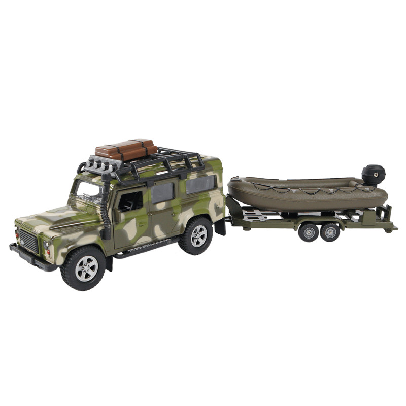 Игровой набор Land Rover Defender Миллитари с лодкой металл пластик длина с прицепом 27см (520191.270)