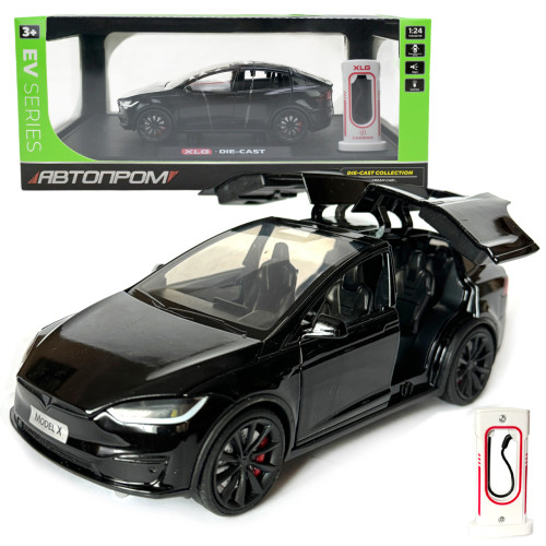 Машинка металева Tesla Model X Electrocar Тесла Модель X Електрокар чорна 1:24 зарядна станція звук світло відч двері капот багажник гум колеса 18*6*8см (AP7712)