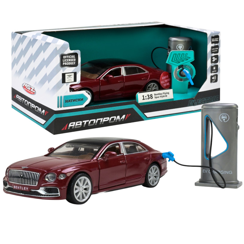 Машинка металлическая Bentley Flying Spur Hybrid красная зарядная станция Автопром 1:38 свет звук 14*5,5*4 см (68718R)