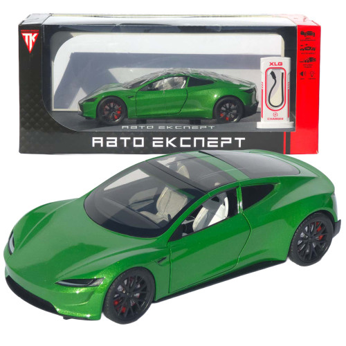 Машинка матал Tesla Roadster зелена 1:24 звук світло відкриваються двері багажник 17*6,5*4,5см (RS-03612)