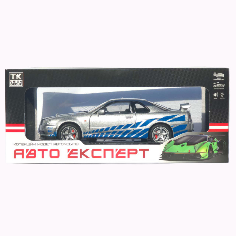 Машинка метал Nissan Skyline GT-R АвтоЕксперт срібляста 1:24 звук світло відкр двері капот багажник (1990-21)