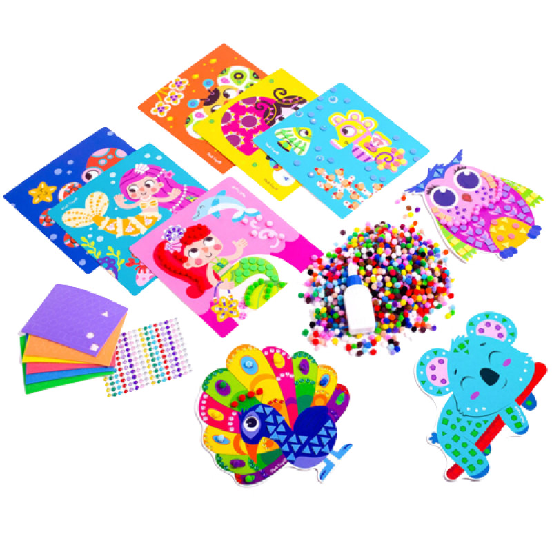 Набір для творчості "Creative Box. Сова" Vladi Toys, 9 картонних картинок, набір страз, набір м’якої мозаїки, набір помпонів, клей (VT4433-08)